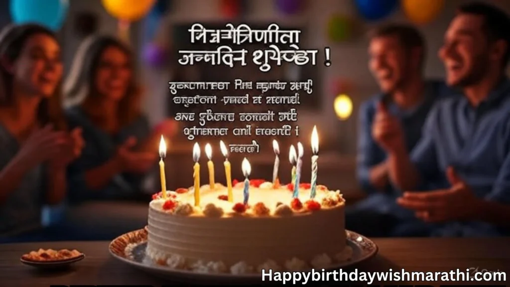 Group celebrating birthday with cake and birthday wishes in marathi on screen
