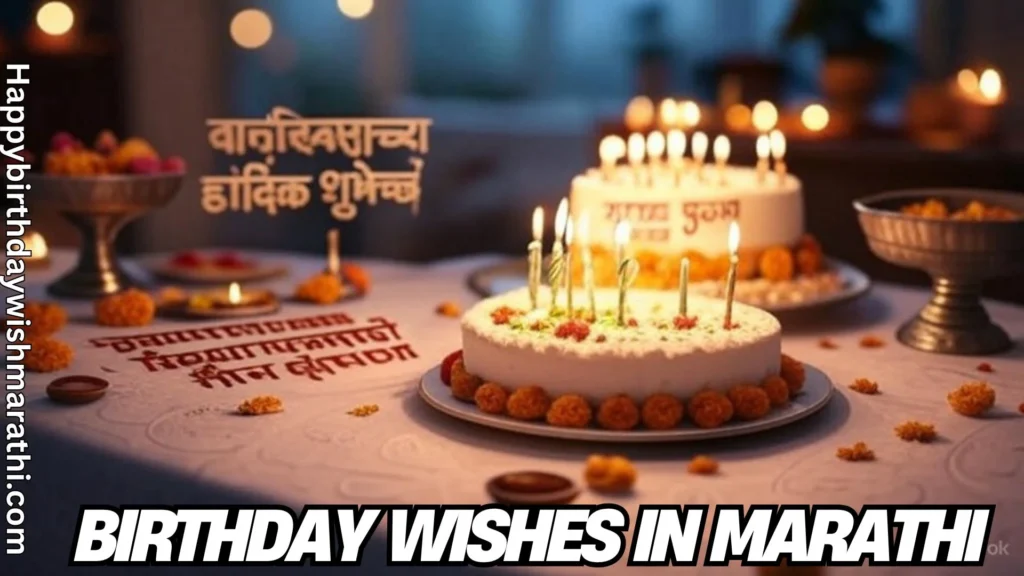 Marathi birthday cake with candles and festive decorations