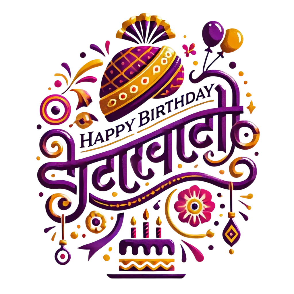 Marathi birthday logo with “वाढदिवसाच्या शुभेच्छा” text, turban, cake, and balloons